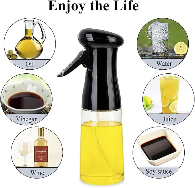 200 ml Black Oil Spray Bottle, Refillable Transparent Olive Oil Sprayer Dispenser with Silicone Brush
