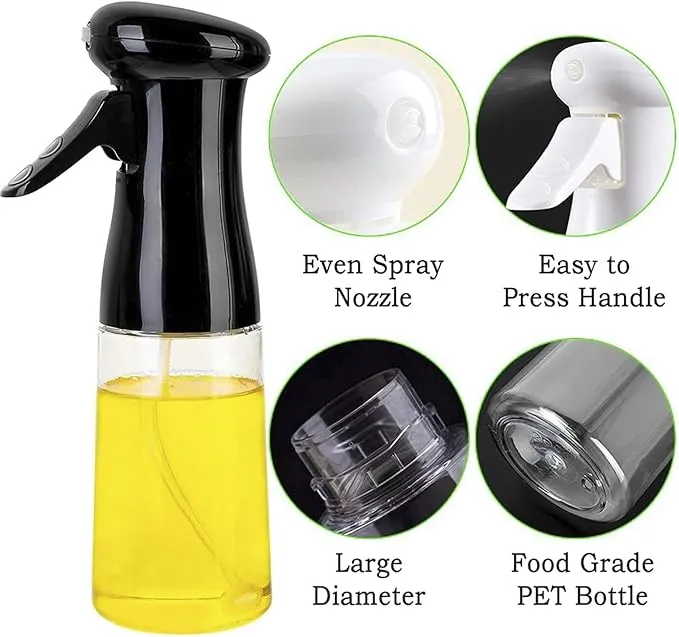 200 ml Black Oil Spray Bottle, Refillable Transparent Olive Oil Sprayer Dispenser with Silicone Brush