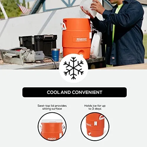 Igloo 5 Gallon Portable Sports Cooler Water Beverage Dispenser with Flat Seat Lid, Bright Orange