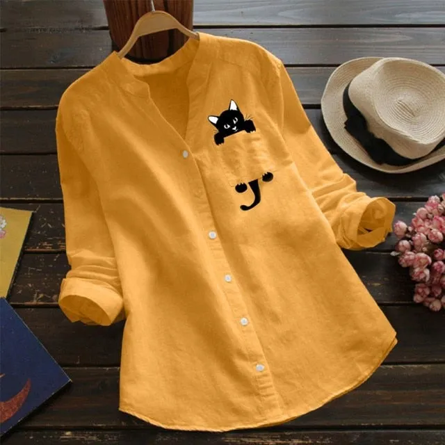 xakxx Women Cat Shirt Linen Blouse Long Sleeve Kawaii Blouses Tops Laple Pocket Down collared shirts Spring Woman Clothes