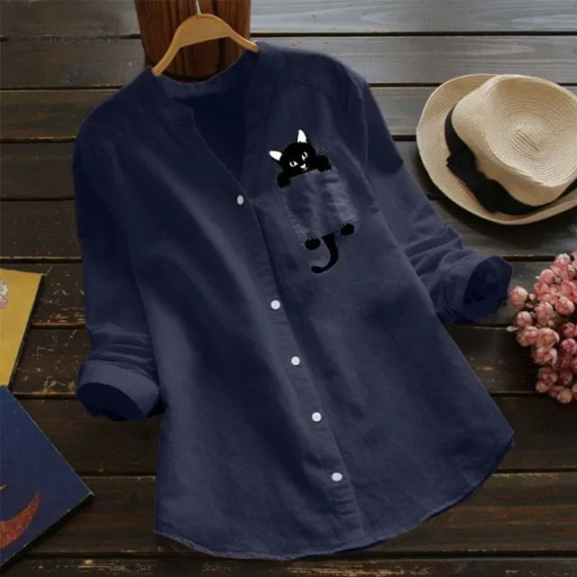 xakxx Women Cat Shirt Linen Blouse Long Sleeve Kawaii Blouses Tops Laple Pocket Down collared shirts Spring Woman Clothes