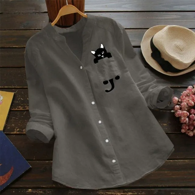 xakxx Women Cat Shirt Linen Blouse Long Sleeve Kawaii Blouses Tops Laple Pocket Down collared shirts Spring Woman Clothes