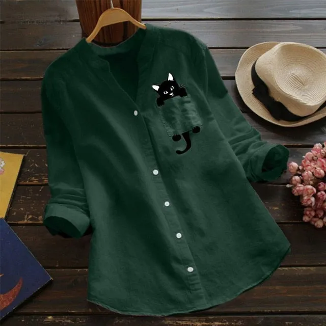 xakxx Women Cat Shirt Linen Blouse Long Sleeve Kawaii Blouses Tops Laple Pocket Down collared shirts Spring Woman Clothes