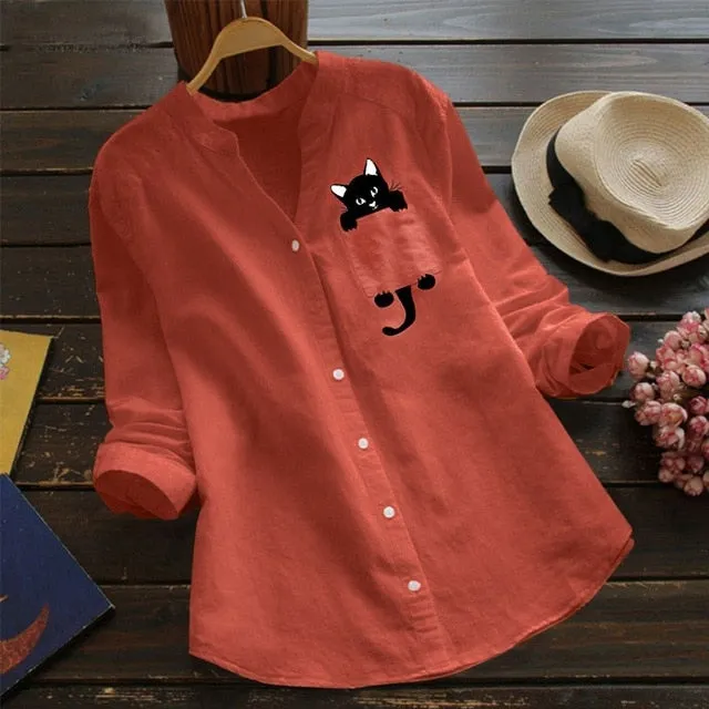 xakxx Women Cat Shirt Linen Blouse Long Sleeve Kawaii Blouses Tops Laple Pocket Down collared shirts Spring Woman Clothes